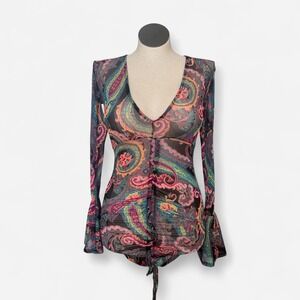 Black Multicoloured paisley print ruched mesh dress swimsuit cover up